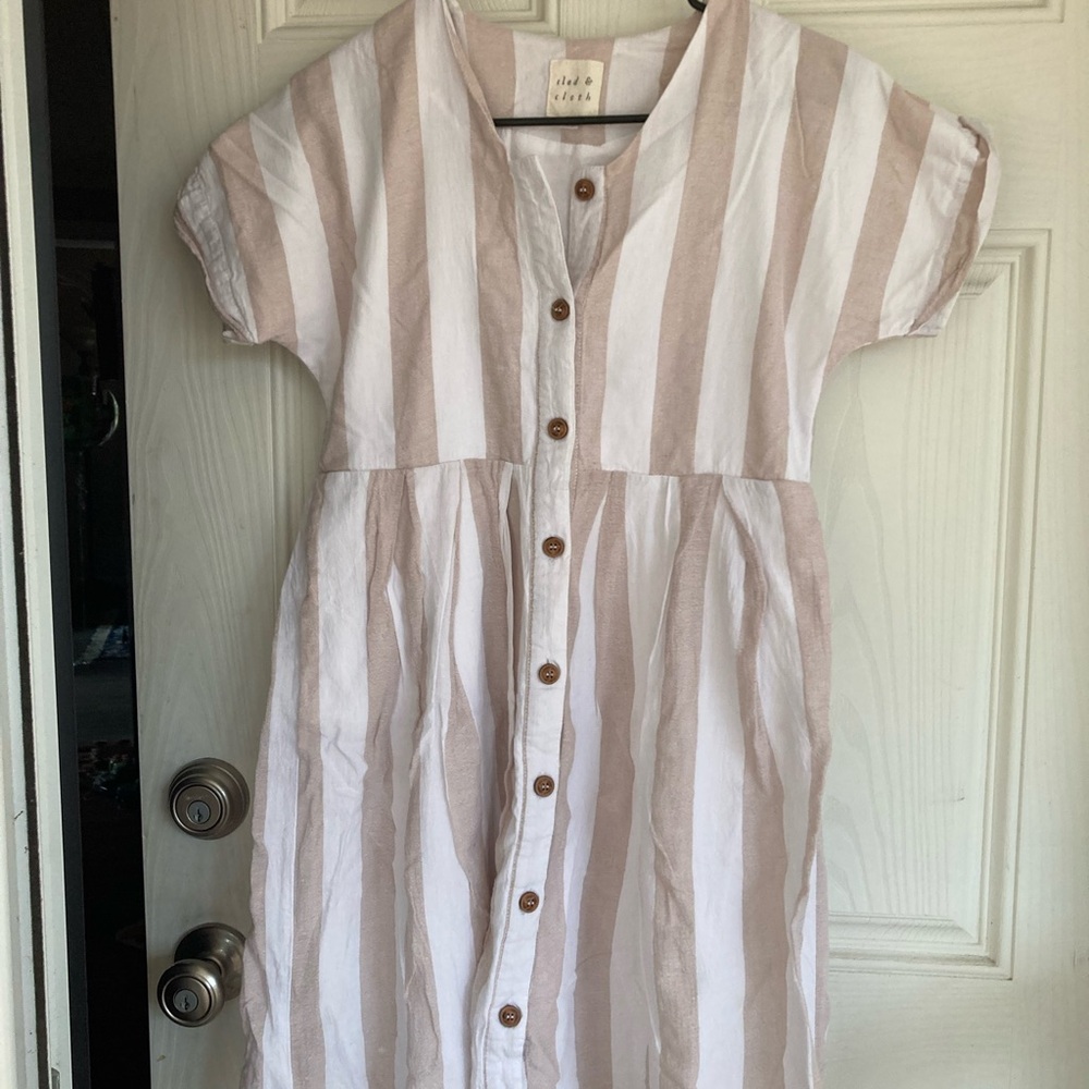 Striped Kids Dress in White and Tan